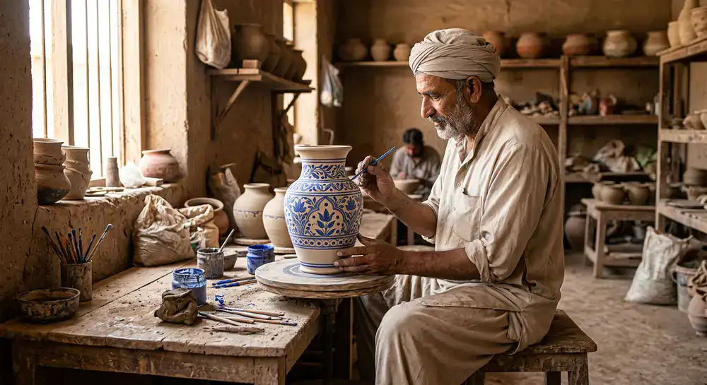 Master craftsman painting fine blue details on a clay vase in Multan