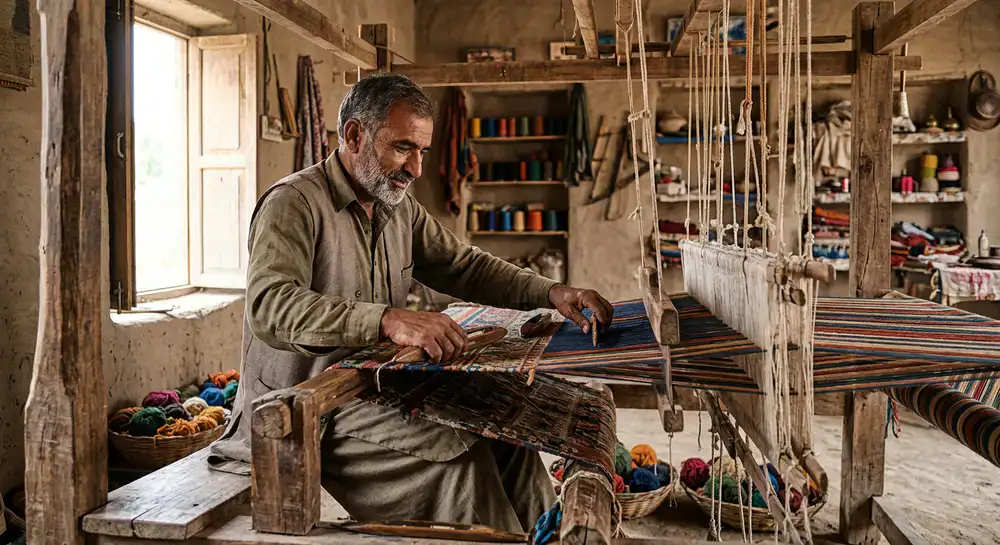 Pakistani artisan weaving on a traditional hand loom