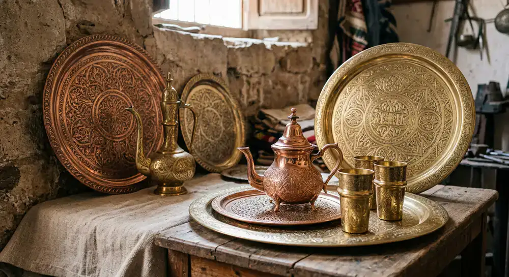 Finely engraved brass and copper trays and teapots