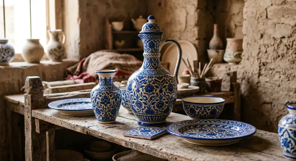 Vibrant Multani blue pottery with intricate floral patterns