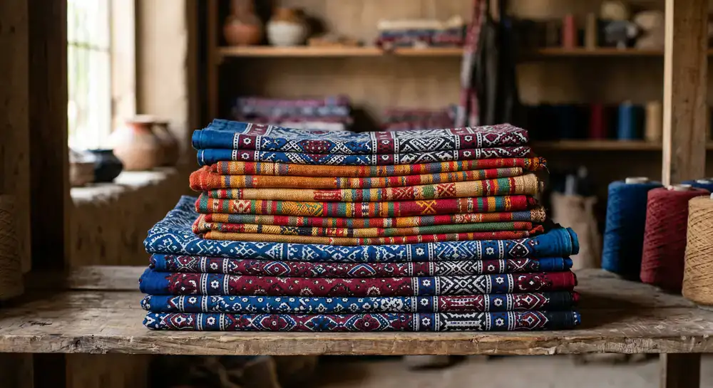 Traditional Sindhi Ajrak and bright handwoven textiles neatly folded