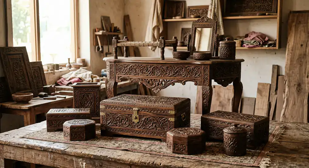 Carved wooden decorative boxes and furniture from Chiniot