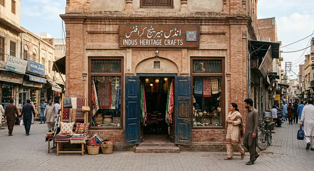 Exterior view of the Indus Heritage Crafts boutique in Lahore