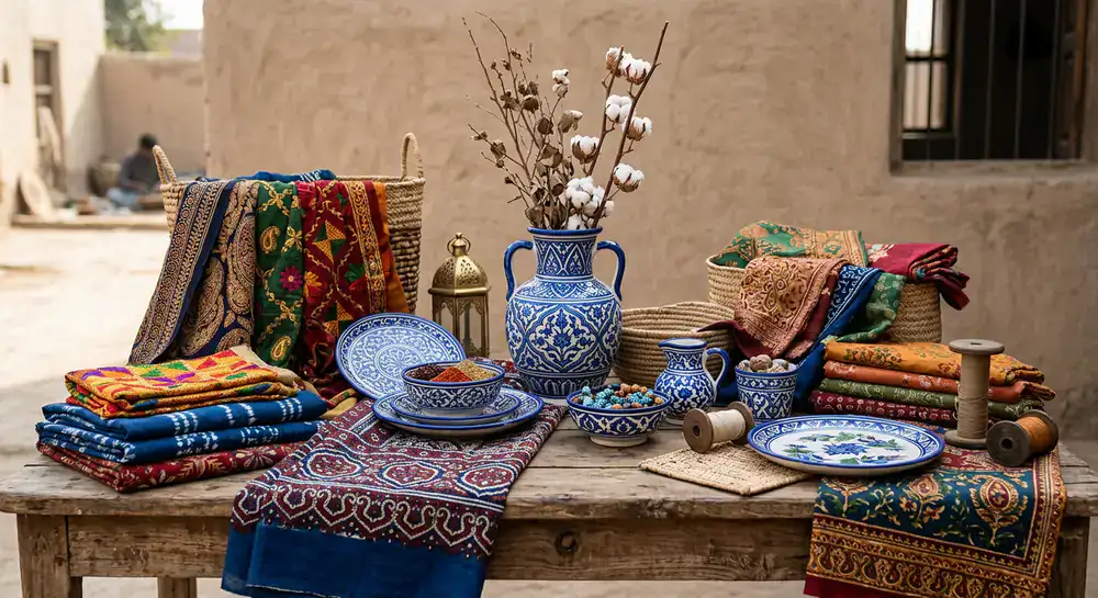 Display of colorful Pakistani textiles and traditional Multani blue pottery arranged elegantly